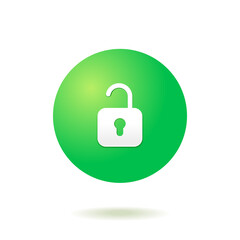 Vector isolated unlock icon of unlocked lock with 3d green gradient ball circle bubble on white background. Flat minimal icon for UI UX presentation.