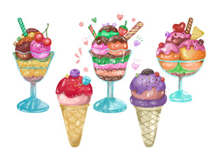 Colorful Watercolor Ice Cream Graphics Illustrations for Digital Printing, Decorations, Decorative Covers, Cards, Web, Kids Arts, Backgrounds, Patterns, Dessert Illustrations, Paper, etc.