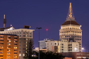 Twilight view of the historic downtown district of Fresno, California, USA. - obrazy, fototapety, plakaty