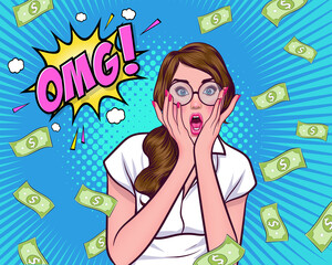 shocking woman in glasses say OMG with close mouth by hands and Falling Down Money