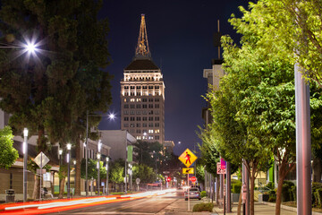 Twilight view of the historic downtown district of Fresno, California, USA.