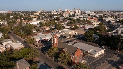 Fototapeta na wymiar Sunset aerial view of the historic downtown area of Fresno, California, USA.