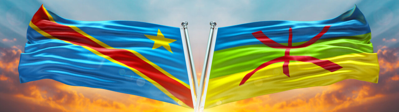 Democratic Republic of the Congo flag and Berber Amazigh Flag waving with texture sky Cloud and sunset Double Flag  