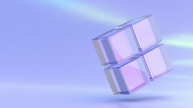 Glass square composition of crystal cubes or blocks with light dispersion and refraction effect. Clear boxes of acrylic or plexiglass in motion, isolated on purple background, 3d render animation