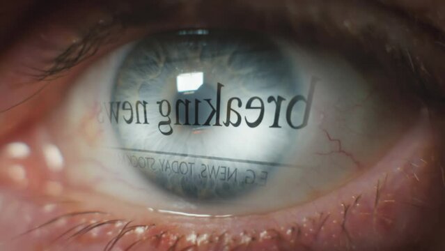 Close up of a human eye reflecting breaking news and media headlines - 3D render