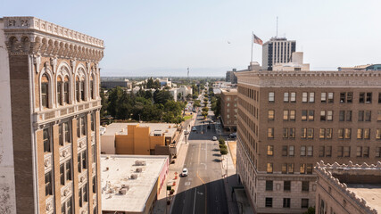 Daytime aerial view of the historic downtown district of Fresno, California, USA. - obrazy, fototapety, plakaty