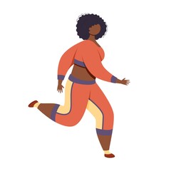 African-american woman in trendy sportswear is running.