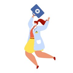 Fototapeta premium Happy doctor in medical coat and protective mask is jumping.