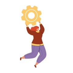 Cute girl is holding a cogwheel.