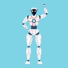 Realistic robot isolated on blue background.