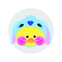 Popular soft toy yellow duck Lalafanfan wearing a blue kigurumi and round glasses