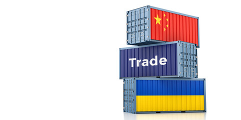 Freight containers with China and Ukraine national flags. 3D Rendering 