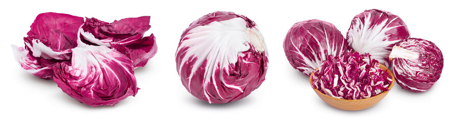 Obraz premium Fresh red radicchio salad chopped isolated on white background with full depth of field. Set or collection