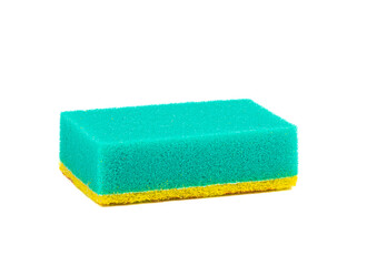 Close-up of a green sponge for washing dishes on a white background.