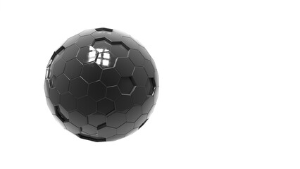 Fototapeta premium Black shiny sphere of hexagons on a white background with reflection of lamps, 3d illustration