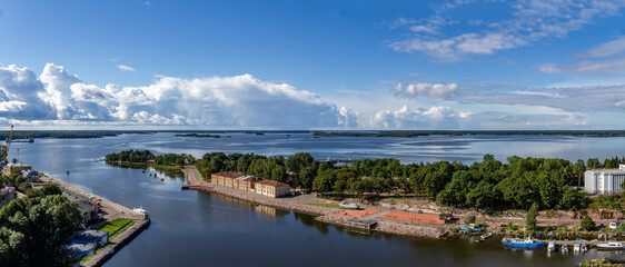 Fototapeta na wymiar Panoramic view of Baltic sea near Vyborg town from the tower of St. Olaf Vyborg Castle, Russia. August