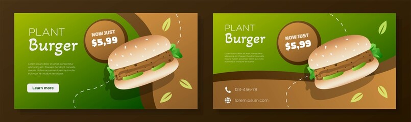 Plant based hamburger online banner template set, vegetarian food burger corporate advertisement, horizontal ad, animal friendly diner campaign webpage, flyer, creative brochure, isolated