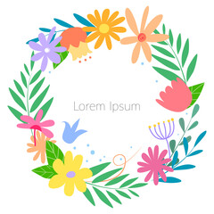 Round floral frame, bright abstract flowers. Poster, template