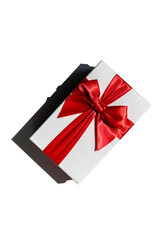 Gift box with red ribbon isolated on white from above