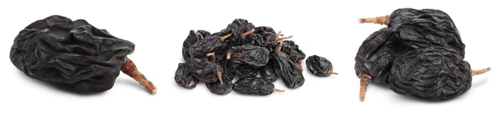 Fototapeta na wymiar Black raisin isolated on white background with clipping path. Top view. Flat lay. Set or collection