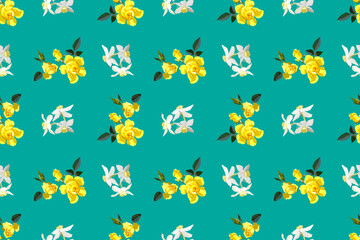 Seamless floral pattern yellow roses and rose buds with white daffodils on emerald background for fabric design, vector illustration