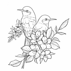 Illustration zentangl. Greeting card with birds and flowers. Coloring book. Antistress for adults and children. Black and white.
