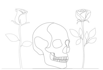 skull and roses one line drawing, outline, isolated, vector