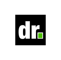 DR. written on black square. doctor initial letters with green dot.