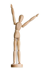 wooden man winner raised his hands up, on white background