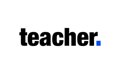Teacher written with blue dot. Teacher lettering on white background.