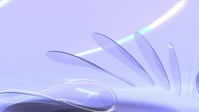 Flying round clear plates in dispersion light on abstract geometric purple background. Glowing flat curved disks with holographic gradient texture, refraction effect of rays in glass, 3d animation