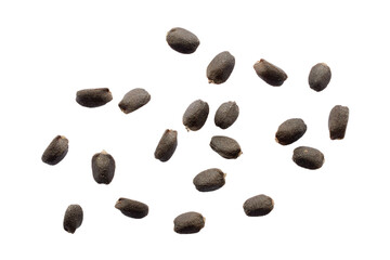 Basil seeds isolated on white, close-up, top view. Black basil seeds isolated on white background, macro, top view. Basil, Ocimum basilicum. - obrazy, fototapety, plakaty