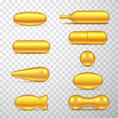 Realistic golden fish oil capsules collection vector medicines pills gold omega 3 vitamin