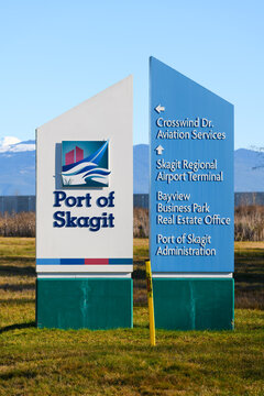 burlington, WA, USA - February 12, 2022; Sign for facilities of the Port of Skagit at the Skagit Regional Airport KBVS