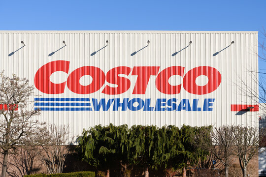 Burlington, WA, USA - February 12, 2022; Corporate sign on side of Costco Wholesale Warehouse location in Burlington Washington