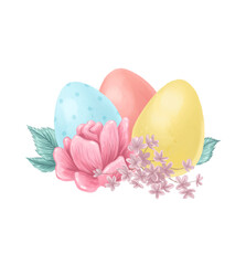 Happy Easter congratulation card design with pastel colored easter eggs and spring flowers isolated. Watercolor hand drawn illustration. For prints, banners, invitations etc.