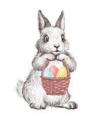 Happy Easter congratulation card design with cute bunny hold basket with pastel colored easter eggs isolated. Watercolor hand drawn illustration. For prints, banners, invitations etc.