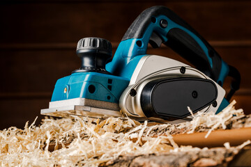 Manual electric plane on an untreated log of a tree. Wooden products. Production of wood products.