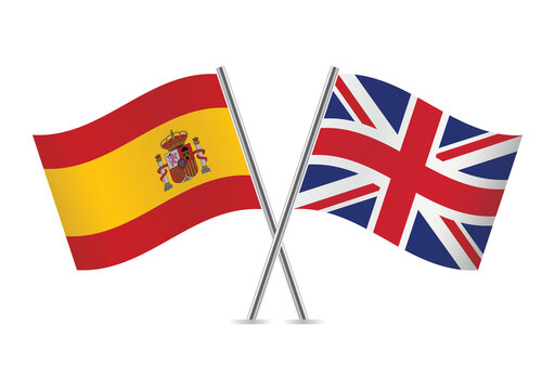 Spain and United Kingdom crossed flags. Spanish and British flags isolated on white background. Vector icon set. Vector illustration.