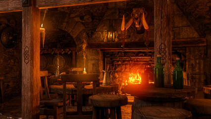 Inside a medieval tavern with round tables lit by candles and a burning open fireplace. 3D illustration. - obrazy, fototapety, plakaty