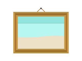 Painting with a seascape in a wooden frame on a white background