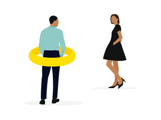 Male character with wedding ring looking at beautiful young female character on white background