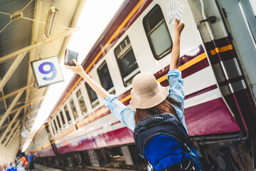asian woman traveler tourists travel city street, journey backpack adventure outdoor by train.
