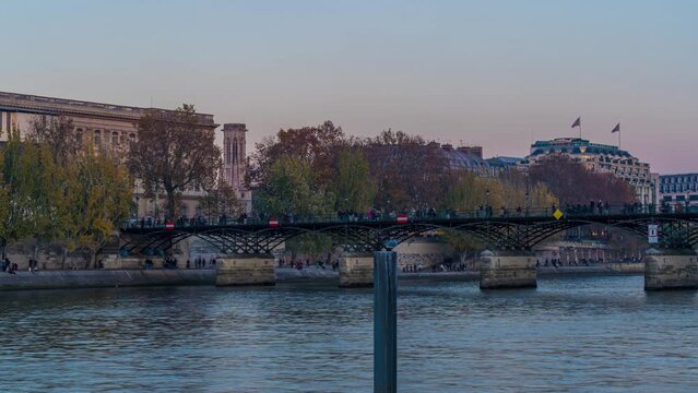 Seine River Bridge and Docks at the End of Day in Paris Tourists Enjoying the Moment