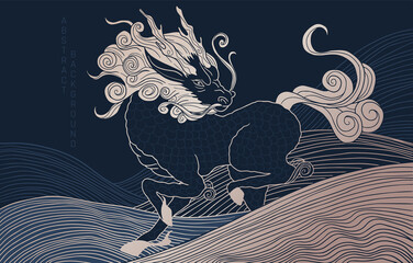mythological creature - qilin, blue and gold colours, simple wave pattern	