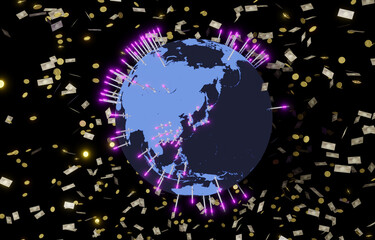 世界中で多くの注射とお金が消費されたイメージ
