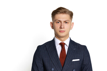 Half-length portrait of handsome young businessman, student, diplomat looking at camera isolated on white studio background. Human emotions, facial expression concept.