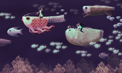 Character design of a cute monsters and children. fantasy art. surreal of animal in nature illustration. fish © Jorm Sangsorn