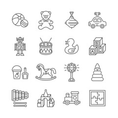Baby toy line icon set. Vector collection with duck, bear, car, robot, horse, ball, rattle. Editable stroke.