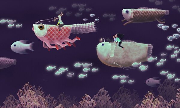 Character Design Of A Cute Monsters And Children. Fantasy Art. Surreal Of Animal In Nature Illustration. Fish